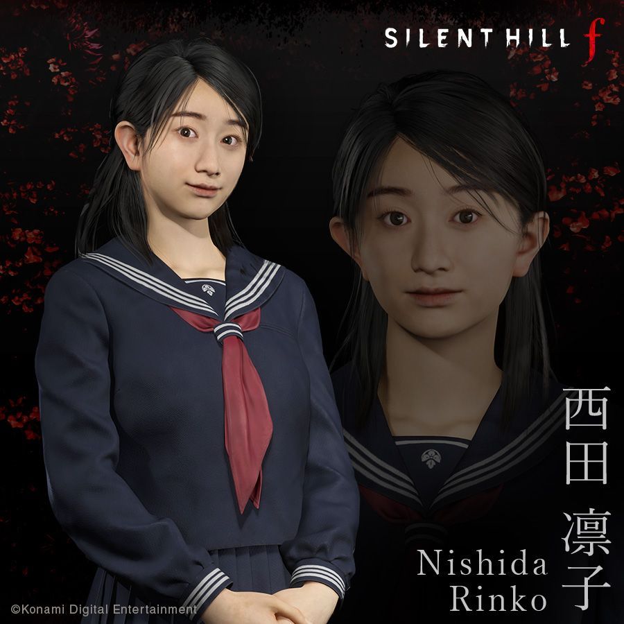 3D character model of Nishida Rinko from Silent Hill f, wearing a sailor uniform and standing against a dark, textured background.