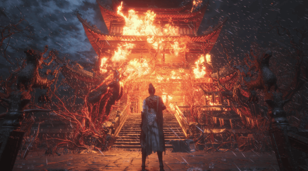 一位身穿斗篷的人站在燃燒的大廟前,周圍滿是瘋狂的樹木和繽紛的火焰,渲染出緊張的氣氛。