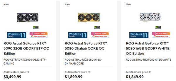 三款華碩ROG Astral RTX 50系列顯示卡,包括RTX 5090、RTX 5080 Dhahab CORE及RTX 5080 白色款,展示產品名稱及價格。
