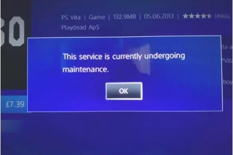 A maintenance notification message displayed on a gaming console screen, indicating that the service is currently undergoing maintenance.