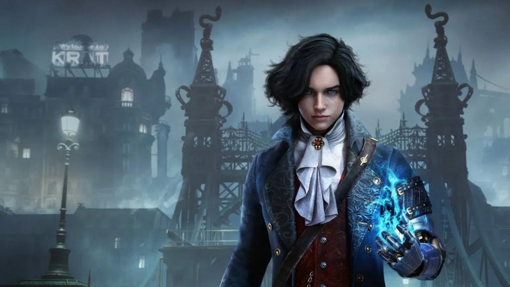 A character in a stylish outfit with a blue glowing hand stands against a dark, moody cityscape, featuring towering buildings and streetlights.