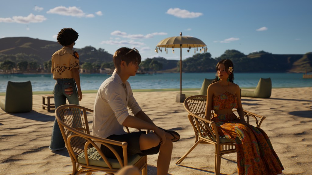 三名角色在海灘上互動，背景是平靜的海面和山丘，室外陽光明媚。