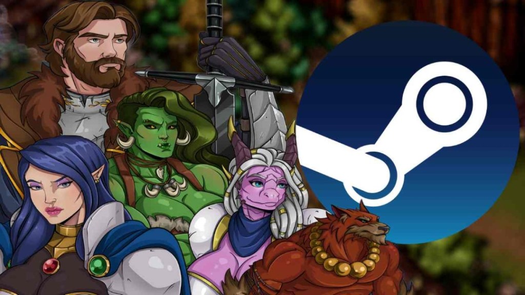 一群虛構角色站立在一起，背景中有一個Steam商標的圖標。