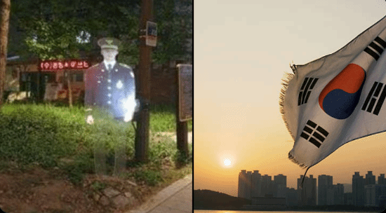 在首爾公園中出現的虛擬警察，以3D全息投影技術生成，形象穿著警制服，立於園區中央。