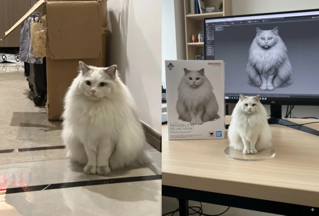 一隻白色的貓靜靜坐在地板上，旁邊有一個貓咪手辦與電腦螢幕上顯示的貓咪模型。背景有一個紙箱和部分家居裝飾。