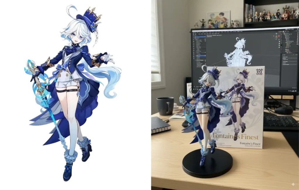 一個動漫角色的手辦模型，穿著藍色和白色的服裝，站在黑色底座上，背景是一個顯示電腦及設計圖的工作桌。