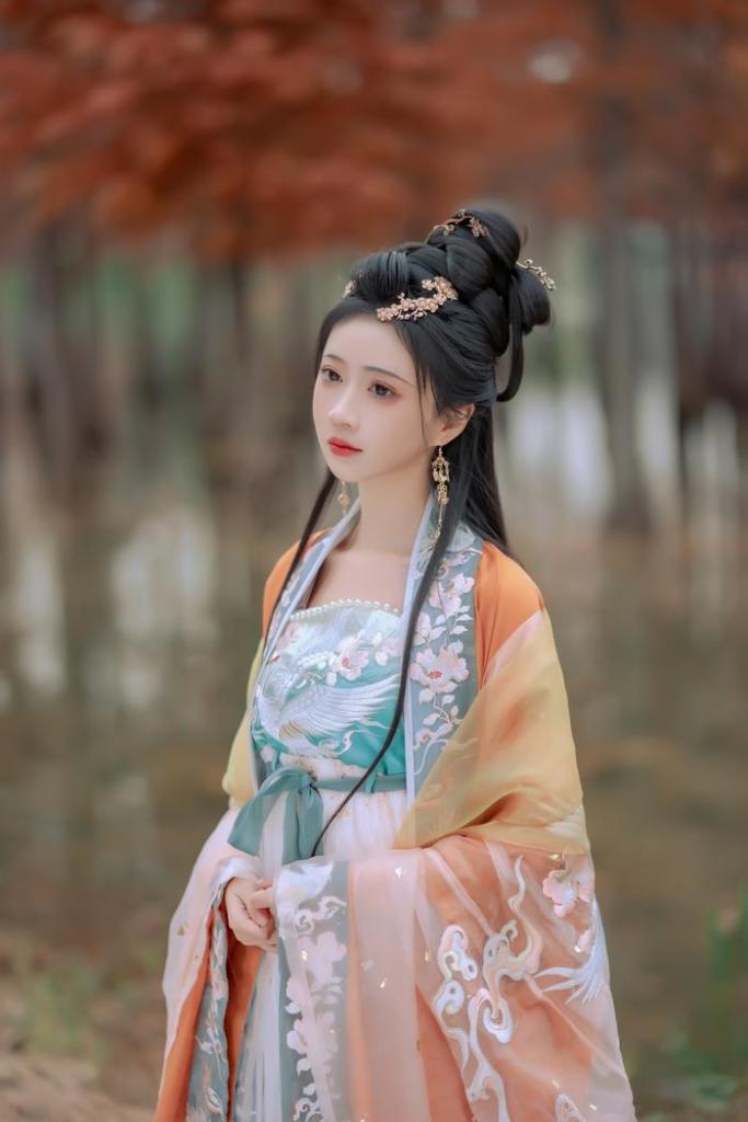 A young woman in traditional Chinese attire stands gracefully in a forest setting, surrounded by autumn foliage. Her long hair is styled elegantly, and she wears delicate jewelry, creating an enchanting atmosphere.
