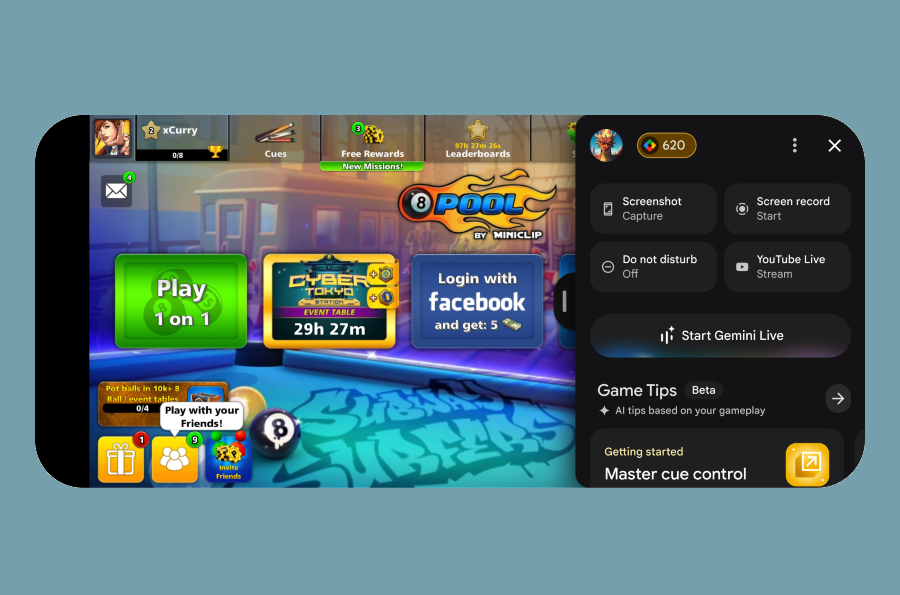 A mobile game interface displaying the 8 Ball Pool game by Miniclip, featuring options to play 1-on-1, log in with Facebook for rewards, and access the Gemini Live assistant sidebar for gameplay tips.