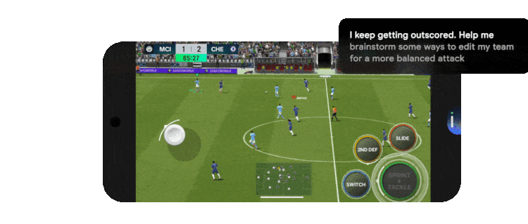 A mobile screen showing a soccer game in progress, with players on the field and a sidebar displaying a user's question seeking gameplay assistance.