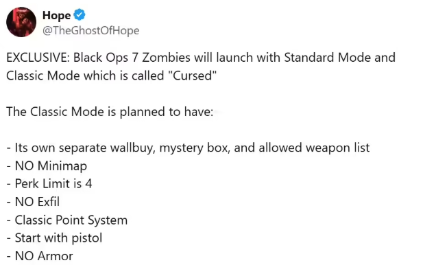 A tweet from TheGhostOfHope detailing the features of the Zombies modes in Call of Duty: Black Ops 7, highlighting the new Classic Mode called 'Cursed' along with its specific gameplay elements.