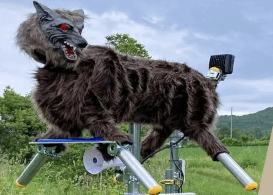 機械怪獸狼裝置，外觀似狼，雙眼閃爍紅光，搭載聲音播放功能，用於驅趕野熊的科技產品，設置在戶外綠地中