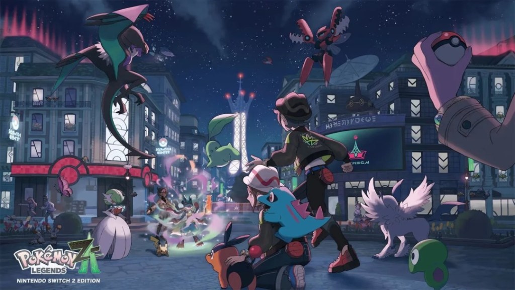 A colorful illustration of characters and Pokémon from 'Pokémon Legends: ZA', showcasing a lively night scene in a city with various Pokémon and trainers interacting.