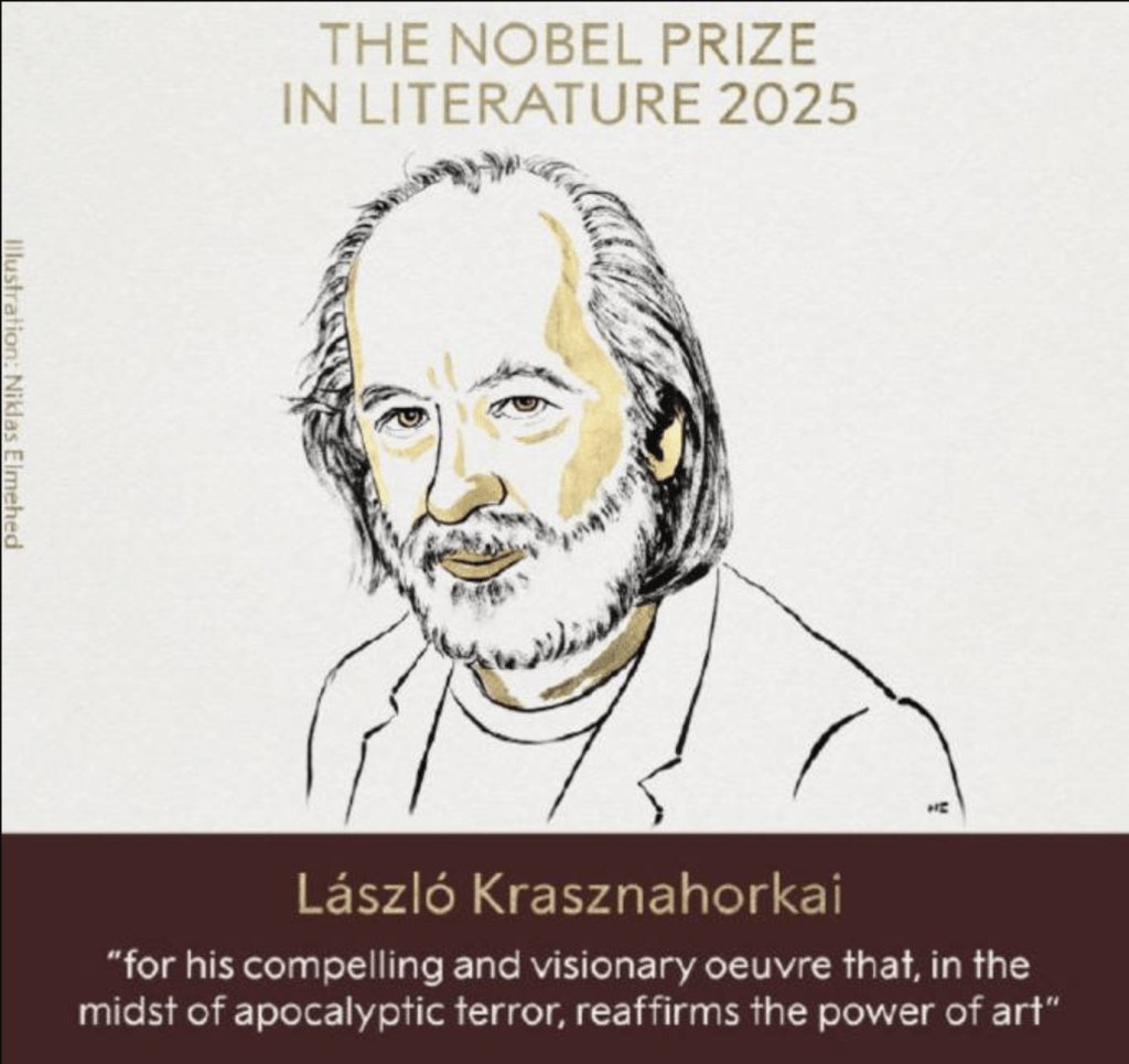 插畫顯示匈牙利作家László Krasznahorkai，他被授予2025年諾貝爾文學獎。插圖文字描述他的作品及其在藝術力量上的影響。