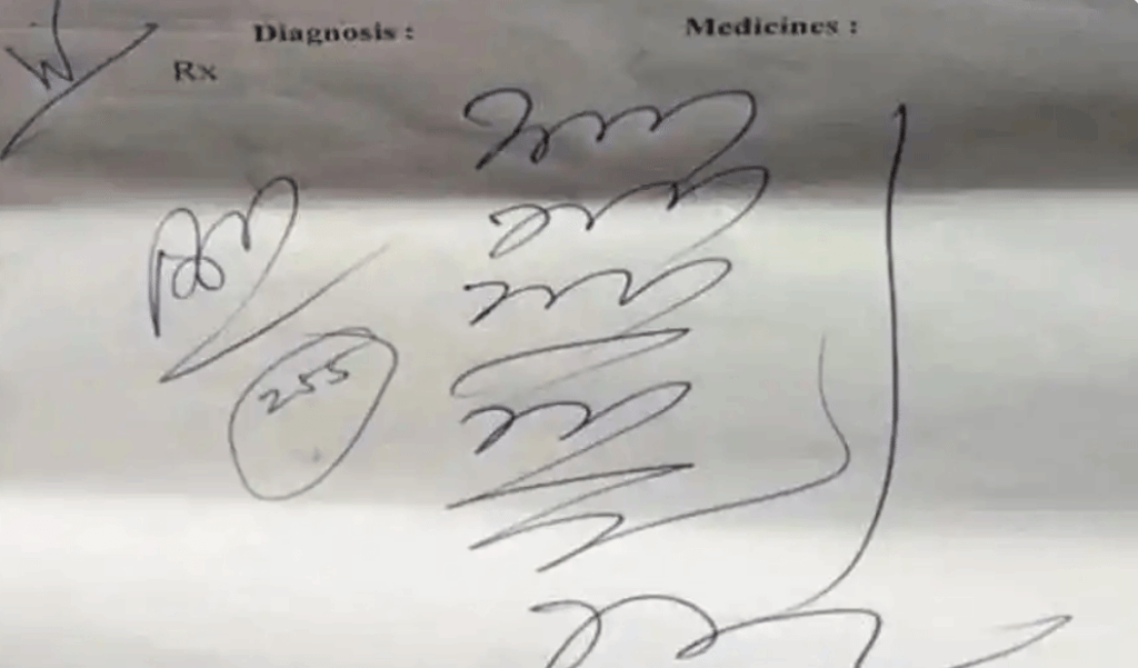 一張醫生的手寫處方,字跡潦草且難以辨認,顯示診斷和藥物欄位的內容模糊不清。