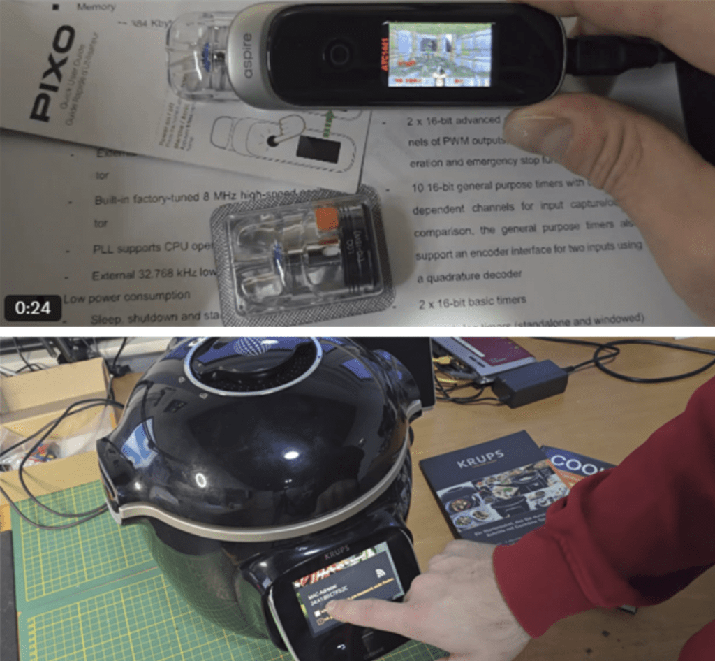 一位手持電子設備的人，正在查看一個插著的電子元件包裝，底部顯示一個黑色熱風炸鍋的控制面板和菜單選項。