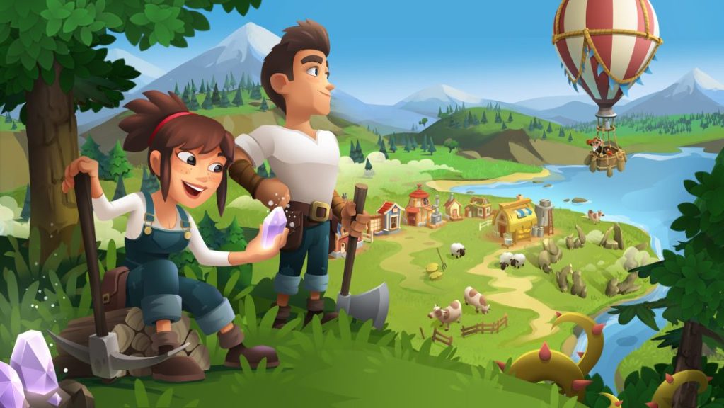一位女孩和一位男孩站在綠色山丘上,女孩手中握著水晶,男孩則看著遠方。他們的身後是一片農村景觀,有房屋和動物,空中懸掛著熱氣球,背景是山脈和湖泊。