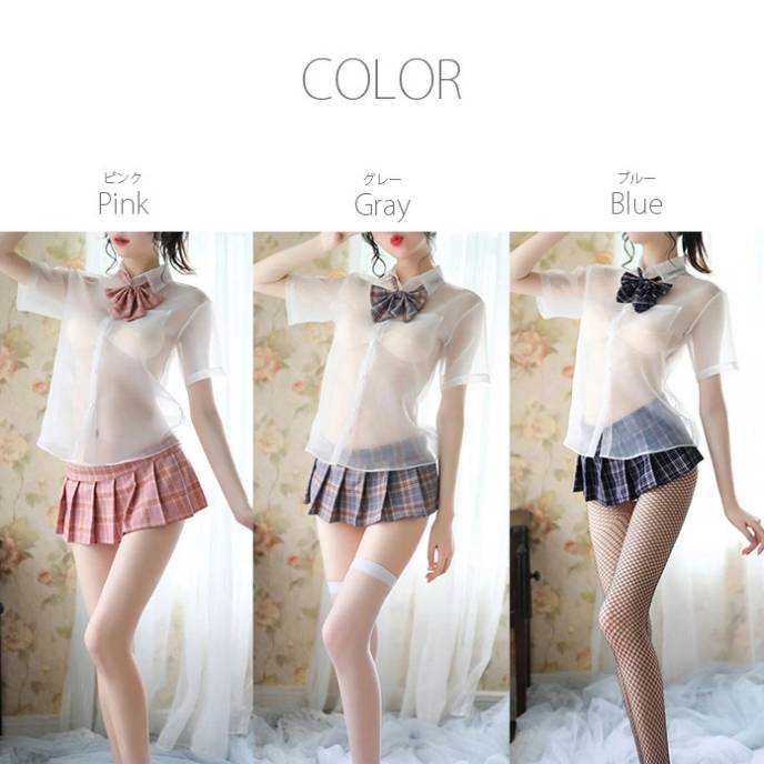 一張展示三種顏色的服裝：粉色、灰色和藍色，模特穿著透明上衣和短裙，搭配蝴蝶結和網狀長襪。