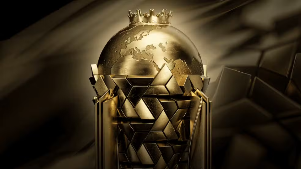 金色獎杯,上面有地球的浮雕,設計精美,背景為金色漸變。