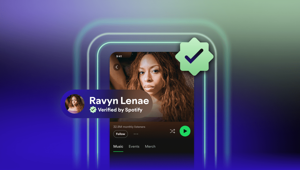 顯示 Ravyn Lenae 的 Spotify 介面,標示為「已由 Spotify 驗證」,包含每月聽眾數和跟隨按鈕。背景為漸變紫色和綠色。