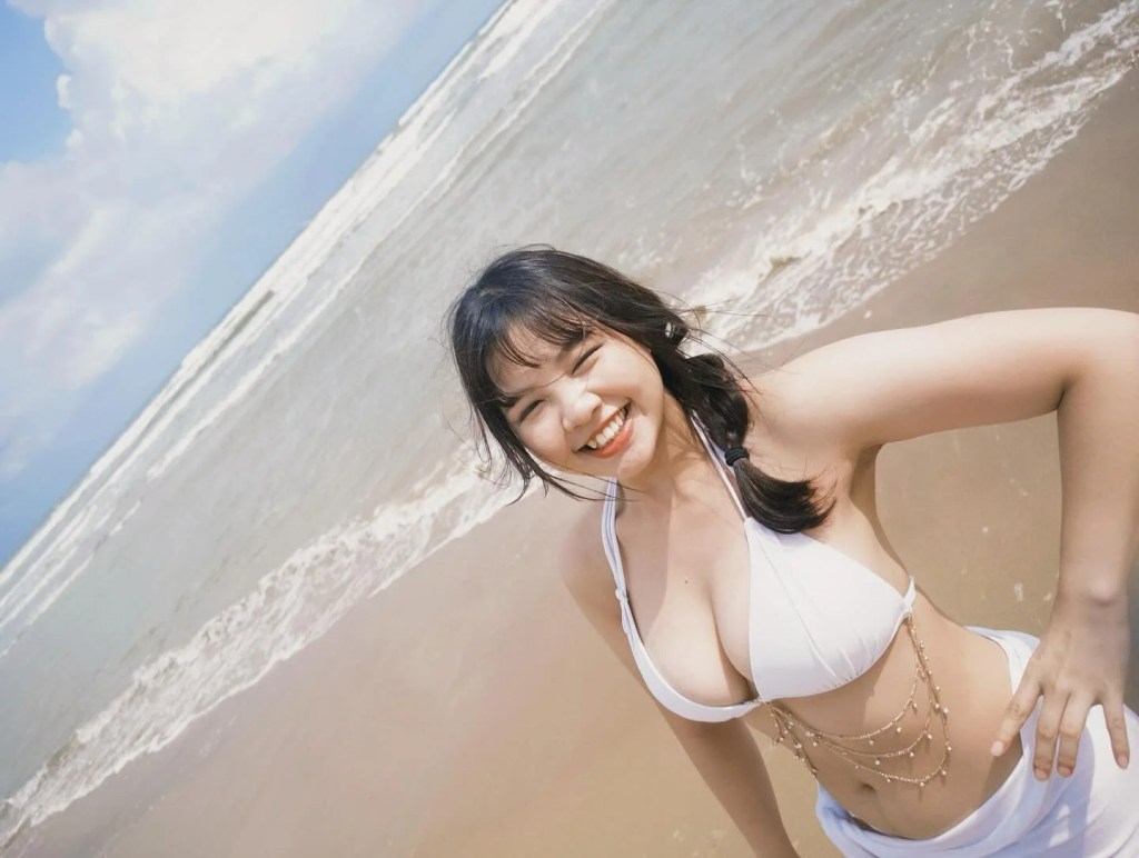 一位年輕女性在海灘上微笑，身穿白色泳衣，背景是陽光明媚的海洋和藍天。
