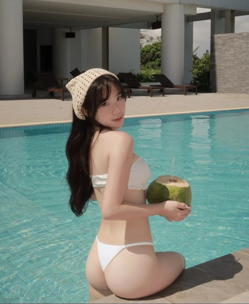 一位女性坐在泳池邊，穿著白色泳衣，手持一顆椰子，背景為游泳池和躺椅，清晰的藍天與綠色植物.