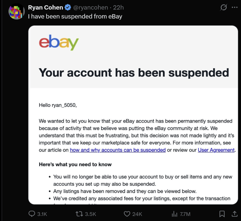 eBay通知信件,主題為「您的帳戶已被暫停」,內容提到帳戶因為違規行為而被永久暫停,並附上相關資訊和注意事項。