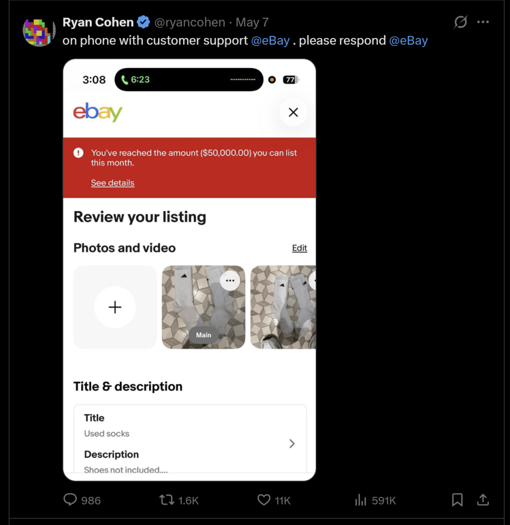 一個顯示 eBay 應用程序的屏幕截圖,顯示用戶達到可以列出商品的金額上限。下方有照片和視頻的上傳選項,以及標題和描述欄位,標題顯示 '使用過的襪子'。