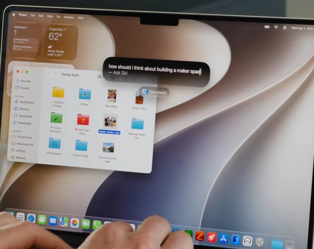 使用者在 Mac 電腦上查詢 Siri 的問題,屏幕顯示關於建立創客空間的建議,並且顯示一個文件夾界面,包含不同的分類和文件。