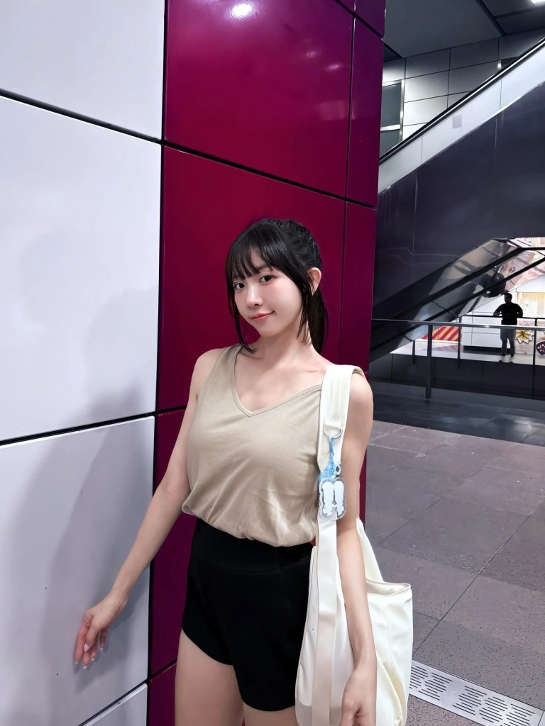一位女性穿著米色背心和黑色短褲，站在粉紅色與白色牆面之間，手上提著一個白色包包。